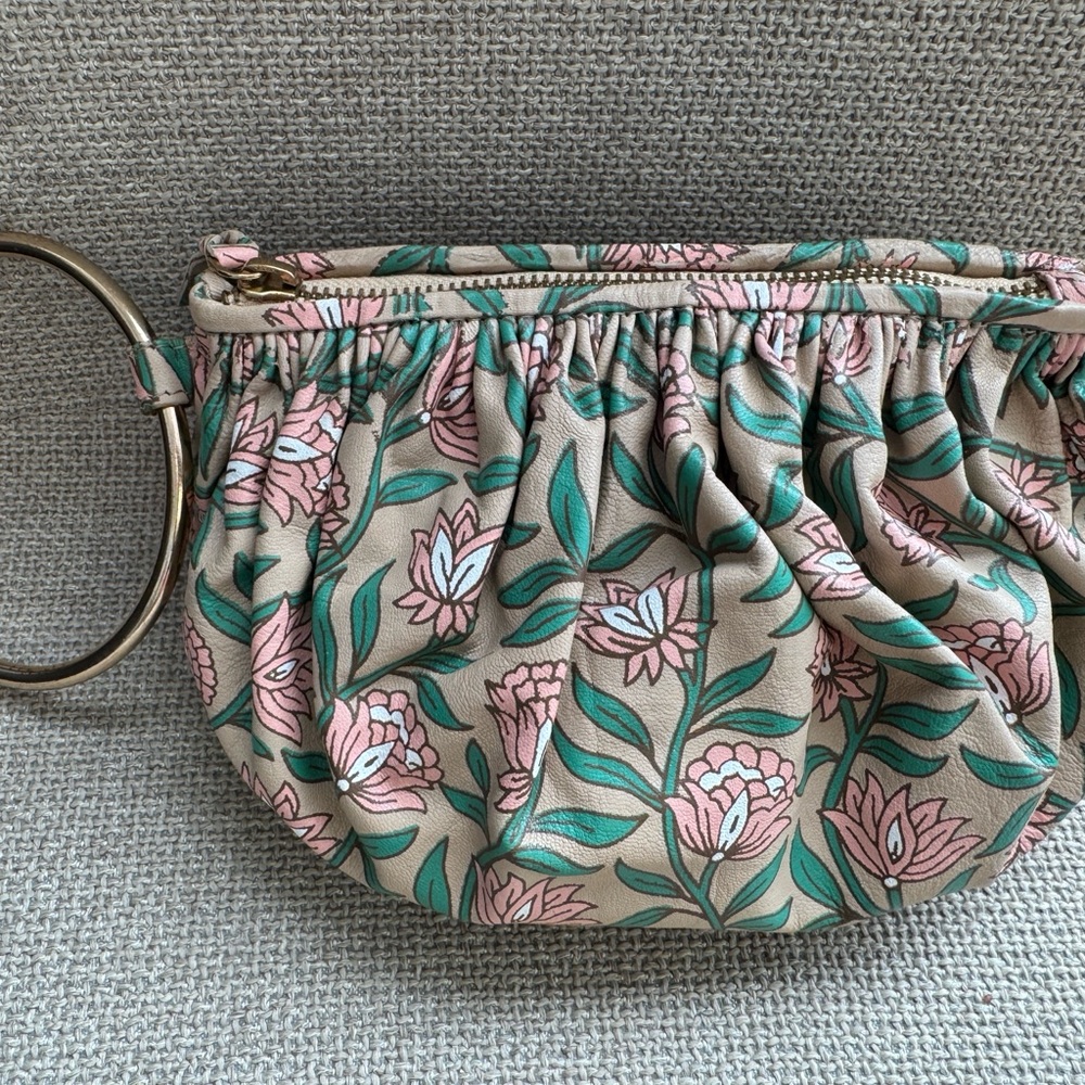 Anthropologie Pink and Green Clutch with Ruched Design